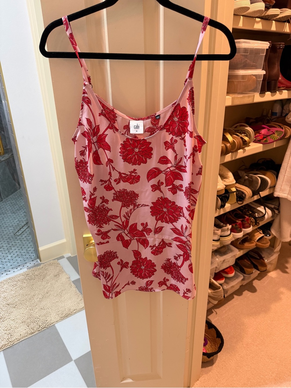 CAbi Pink and Red Floral Spaghetti Strap Cami
